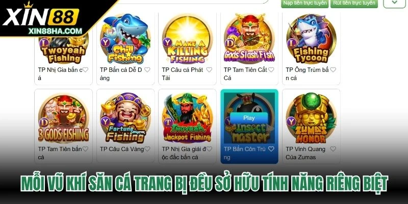 Mỗi vũ khí săn cá trang bị đều sở hữu tính năng riêng biệt